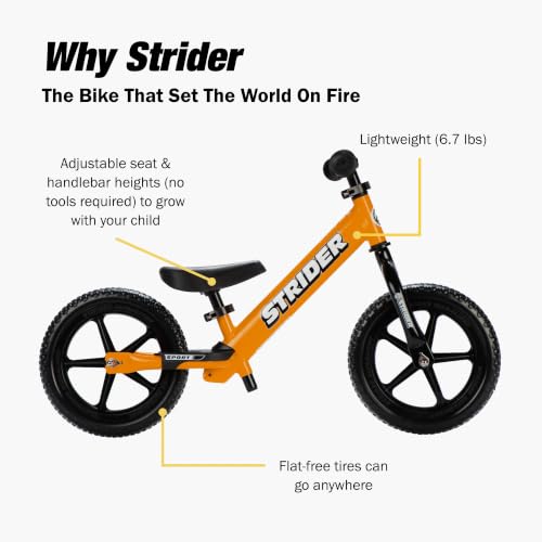 Image of Strider 12 Sport Bike, Orange - No Pedal Balance Bicycle for Kids 1 to 4 Years - Includes Safety Pad, Padded Seat, Mini Grips, Flat-Free Tires -Easy Assembly, Tool-Free Adjustments