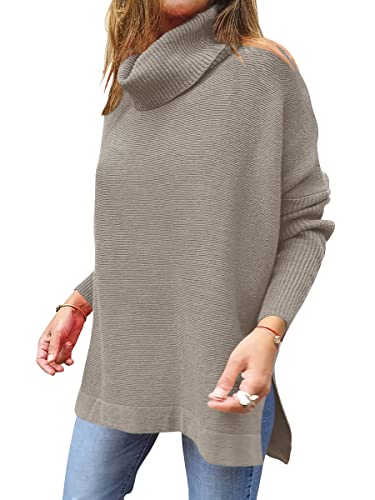 Anrabess Oversized Sweaters For Women Tunic 2023 Fall Split Hem Long Sleeve High Neck Lightweight Loose Fit Tunic Pullover Sweater Knit Tops 452Huika-S Gray #TOP7