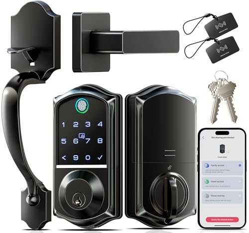 Veise VE017-H Fingerprint Smart Front Door Lock Set, App Control, Keyless Entry Deadbolt with Handle, Smart Deadbolt, Emergency Power Port, Touchscreen Keypad, Auto Lock, Easy Install, Matte Black