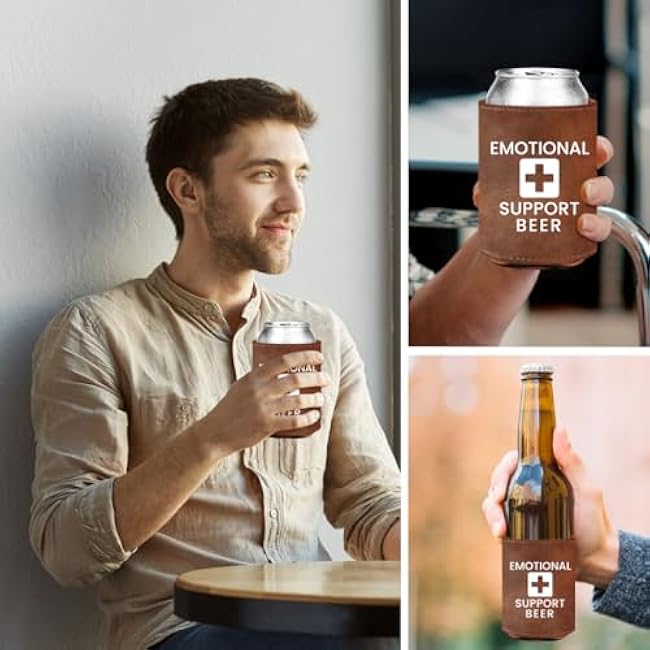 2pcs Emotional Support Beverage Beer Can Cooler Sleeves Leather Beer Holder Fathers Day Birthday Gifts for Beer Lover Dad Him Men Father Husband Funny Party Supplies Decorations