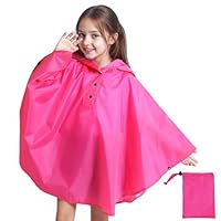 Baogaier Kids Rain Poncho Waterproof Rain Jacket Lightweight with Hood Reusable Raincoat Girls Rain Cape for School Camping, Hiking Outdoor Rainwear for 6-10 Years, Rose Red