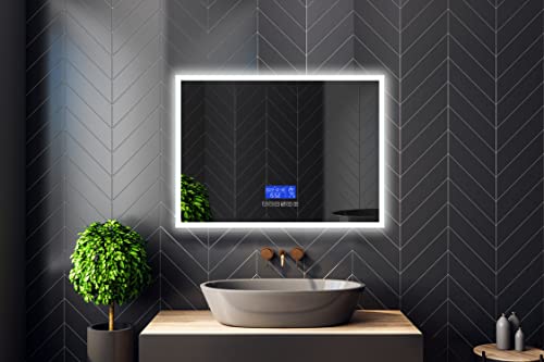 Tacovici Led Lighted Smart Bathroom Vanity Mirror, Frontlit And Backlit, Wall Mounted, Smart Screen, Bluetooth Speaker/Music/Call/Phone, Date Time Calendar, Temperature, Touch Switch, Defogger #TOP1