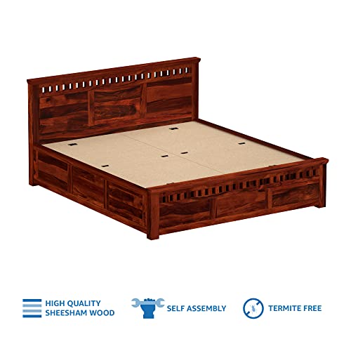Image of Solid Sheesham Wood Kuber King Size Bed with Box Storage | Palang Cots Wooden Double Beds for Bedroom, Living Room, Hotel and Home (Honey Finish)