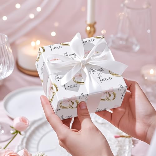 RUSPEPA Hochzeits-Geschenkpapierrolle, Mini-Rolle, rosa Schleifen und goldene Ringe mit „Always & Forever“-Schriftzug, elegantes Geschenkpapier für Hochzeiten, Jubiläen und Brautpartys, 43,2 cm x 5 m
