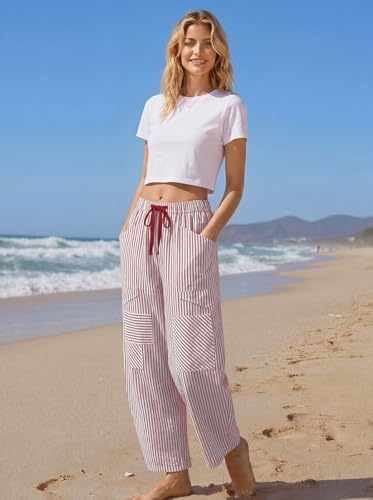 Image of TARSE Womens Striped Linen Barrel Pants with Pockets Y2k Patchwork