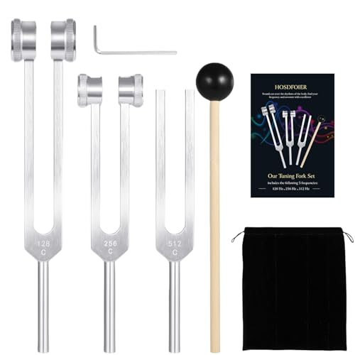 Tuning Forks for Healing Set (128Hz, 256Hz, 512Hz), Weighted Tuning Fork for Sound Therapy/Meditation/Yoga and Chakra with Mallet, Storage Pouch & Instruction Manual (Silvery)