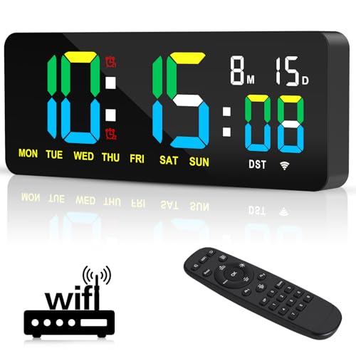 XREXS 12.2 Inch Digital Wall Clock WiFi Sync with Remote Control, Large LED Screen with Time/Calendar/Seconds Display, Count Up & Down Timer, 2 Alarm Clock for Home, Office and Classroom