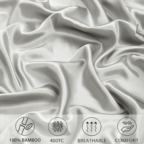 Image of RD TREND Microfiber Satin Weave Fitted Bedsheets for Queen Size Bed 78x60x10 Inch with 2 Pillow Covers-18x28 Inch | 400 TC All Around Elastic | Silver