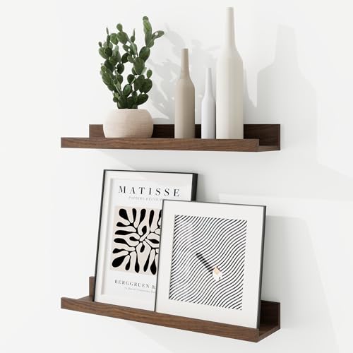 RICHFOCUS Picture Ledge Shelf 16 inch Floating Shelves Set of 2 Wood Wall Shelves with Lip Wall Decor Storage for Bedroom Living Room Bathroom Kitchen Nursery Photo Picture Walnut