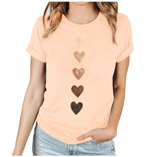 Camiseta de manga corta para mujer, para el día de San Valentín, informal, cuello redondo, camiseta holgada, de verano, con estampado de corazones, beige, L