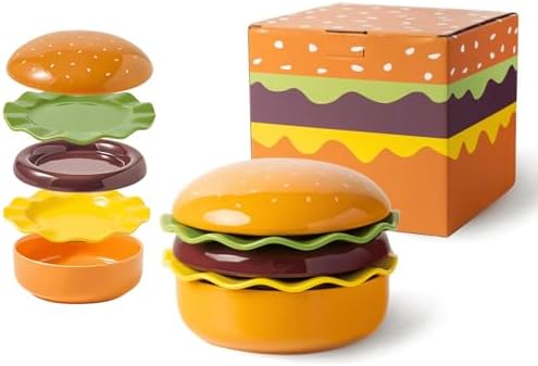 Ceramic Hamburger Plates and Bowls Sets, 5-Piece Novelty Stackable Burger Dinnerware Set, Fun and Cute Christmas Gift for Kids and Adults