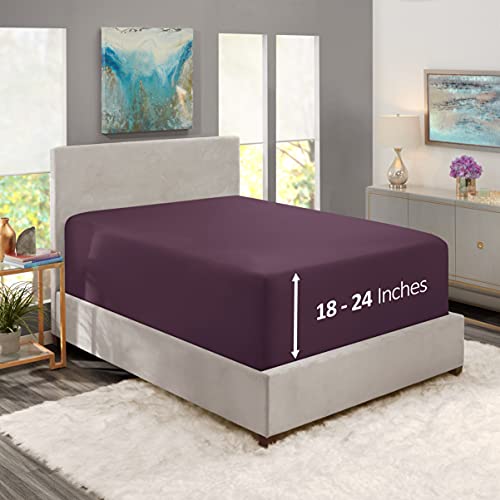 Image of Hearth & Harbor Extra Deep Pocket Queen Fitted Sheet - Fits 18 to 24 Inch Mattress - Ultra Soft 1800 Microfiber, Wrinkle-Free & Breathable - Hotel Luxury Fitted Sheet Only, Purple