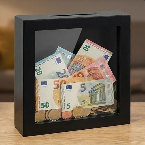 MIJOMA Spardose aus Holz mit Glasfront – dekorativer Sparrahmen für Geldgeschenke zu Hochzeit, Geburtstag, Reise & mehr – kreative Geldbox (Blanko - schwarz, 15 x 15 x 5 cm)