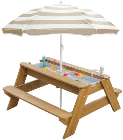 Kids 3-in-1 Sand & Water Activity Table, Wood Outdoor Convertible Picnic Table, 2 Play Boxes, Removable Top with Faucet, Picnic for Outdoor (Natural/Brown)