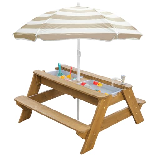 Kids 3-in-1 Sand & Water Table Wood Outdoor Convertible Picnic Table w/Umbrella 2 Trays Removable Top with Faucet Picnic Table for Outdoor Playset (Natural/Brown)