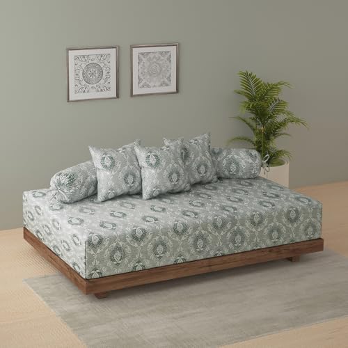 Image of Swayam 210TC Diwan Set Pure Cotton 6 Pcs | Deewan Ethnic Motif Printed Bedsheet Set for Living Room Hall (1-Bed Sheet 60x90 Inch | 2-Bolster Cover 30x30 Inch | 3 Cushion Cover 16x16 Inch) - Grey