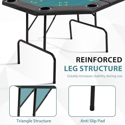 COCO DESIGN Foldable Octagonal Poker Table - Professional Portable Card Game Table for 8 Players, Waterproof PVC Surface, Built-in Cup Holders, Easy Storage for Home Parties & Casino Nights, Green - Thumbnail 4