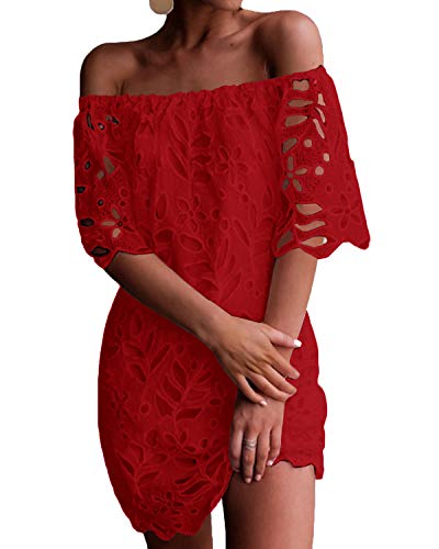 YOINS Donna Vestito Senza Spalle a Maniche Lunghe con Spalline Elegante Abito da Spiaggia Corto Abiti Motivo Estivo Floreale Sexy Rosso-02 L