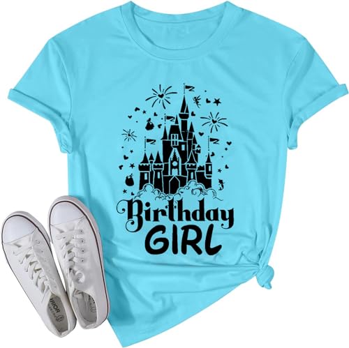 Image of Dapiaoliang Birthday Crew Shirts for Women Vintage Magic Castle Graphic Print Happy Birthday T Shirt Summer Casual Short Sleeve Loose Fit Plus Size Magical Tee Tops(Lake Blue XXL), XX-Large