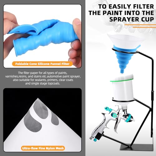 Image of Tanstic 52Pcs Gravity Feed Gun Holder Stand with Silicone Funnel and Paint Strainers Kit, Gravity Feed Paint Spray Gun Holder Stand with Strainer Holder, Wall or Bench Mount