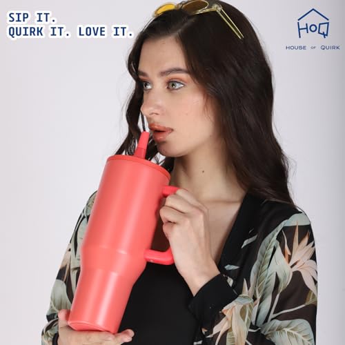 Image of House of Quirk 1200ML Tumbler with Handle & Simple Flip Straw - Car Cup Holder Friendly, Leak Resistant Stainless Steel Water Bottle with Rubber Base (Coral)