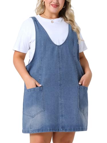 Image of Agnes Orinda Plus Size Denim Overall Dress for Women Sleeveless V Neck Denim Jumper Dress with Pocket
