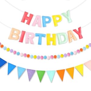 CANREVEL Pre-Strung 3D Happy Birthday Banner, 3 PCS Happy Birthday Felt Garland, Pom Pom Garland, Triangle Fabric Garland Bunting, Reusable Birthday Decorations for Women Men Girls Boys, Pastel