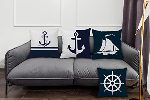 Ocean Themed 18’’X18’’ Set Of 4 Nautical Anchor Sailboat Navigation Compass Navy Blue And White Modern Decorative Throw Pillow Case,Coastal Home Beach House Decor,Gifts For Sea Lovers Men #TOP1