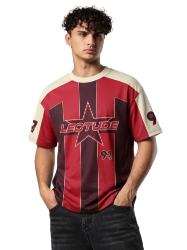 LEOTUDE Men Oversized Maroon Red Striped Sports Jersey T-Shirt - Image 2