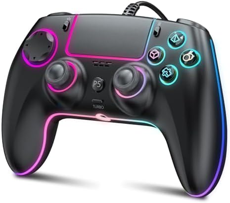 GUOC RGB Wired Controller for PS5/PS4 and PC with Hall Effect Joystick and Trigger, 3.5mm Audio Jack, Support Tubro/Macro Function, Adjustable Dual Vibration 6-Axis Motion Control Gamepad