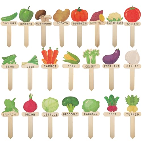 22Pcs Wooden T Type Plant Labels 22 Styles Funny Cartoon Garden Markers with Names for Vegetables, Fruits, Indoor & Outdoor Plants Gardening