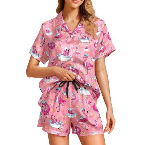 Image of Funny Pajamas for Women Set Print Satin Loungewear Pjs Short Sleeve Button Down Top and Shorts Sets Sleepwear XS-3XL