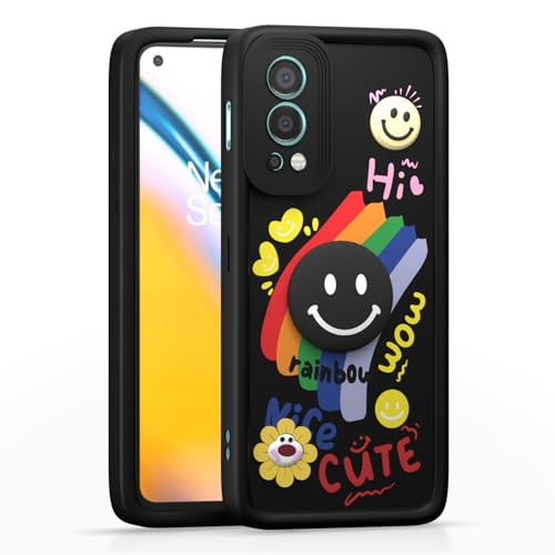 Image of Pikkme Back Cover for OnePlus Nord 2 5G | Soft Silicone| Cute Rainbow Smile & 3D Cartoon Flower Design | Shockproof Raised Camera Protection Bumper Case (Black)