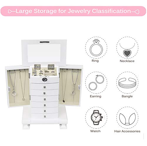 Mtfy Jewelry Armoires Cabinet Stand, Large Capacity Storage Stand Organizer, 5 Drawers Freestanding Wooden Jewelry Cabinet With Flip Up Mirror, Velvet Lining For Bedroom & Living Room #TOP3