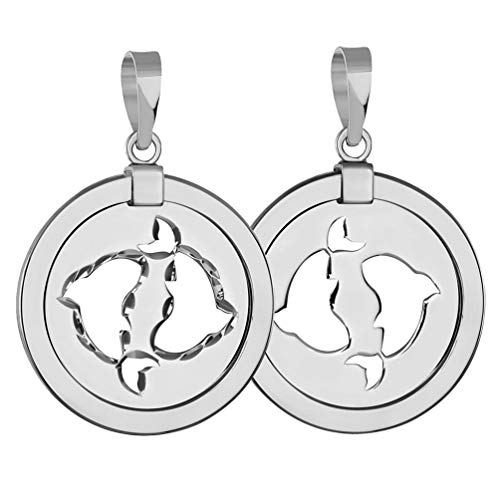 14k White Gold Round Pisces Zodiac Sign Fish Animal Medallion Pendant Necklace (Reversible)2