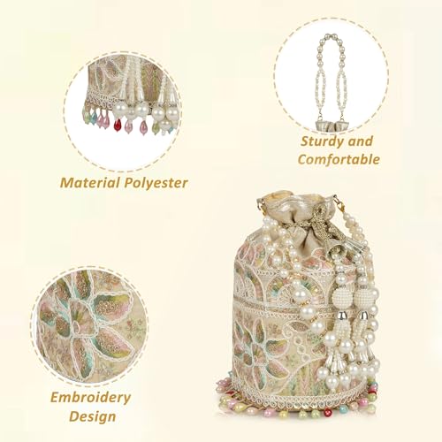 Image of Nevis Silk Fabric Embroidered Potli Bag with Pearl Beaded Handle | Designe Ethnic Drawstring Clutch for Wedding, Festive