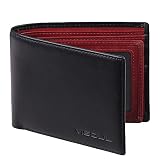 VISOUL Mens Bifold Wallet with 2 ID Windows and 2 Money Compartments, Genuine Leather Designer Wallet with RFID Blocking for Men Two Tone (Black and Burgundy)