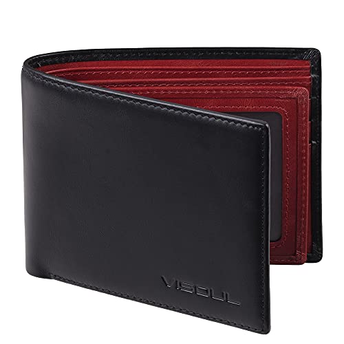 VISOUL Mens Bifold Wallet with 2 ID Windows and 2 Money Compartments, Genuine Leather Designer Wallet with RFID Blocking for Men Two Tone (Black and Burgundy)