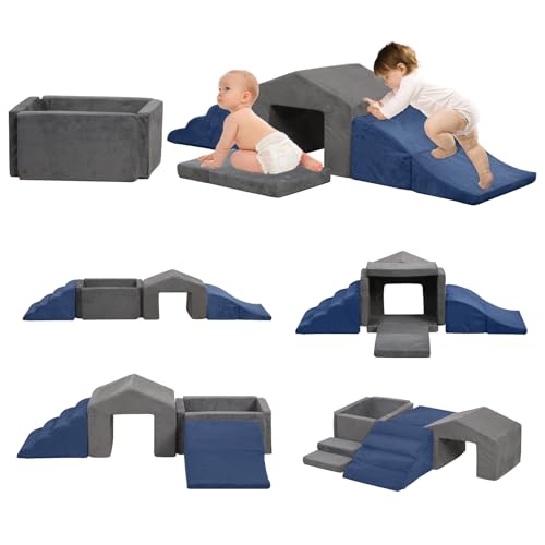 Image of Soft Play Climb and Crawl Activity Playset,Foam Climbing Building Blocks for Toddlers with Ball Pit - Baby Crawling & Sliding Gym Equipment Indoor Active Playing for Preschool,6 Pcs (gray & blue)