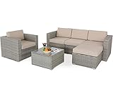 HTTH 6 Pieces Outdoor Patio Wicker Furniture Sectional Sofa Set All Weather PE Rattan Couch (Greyish...