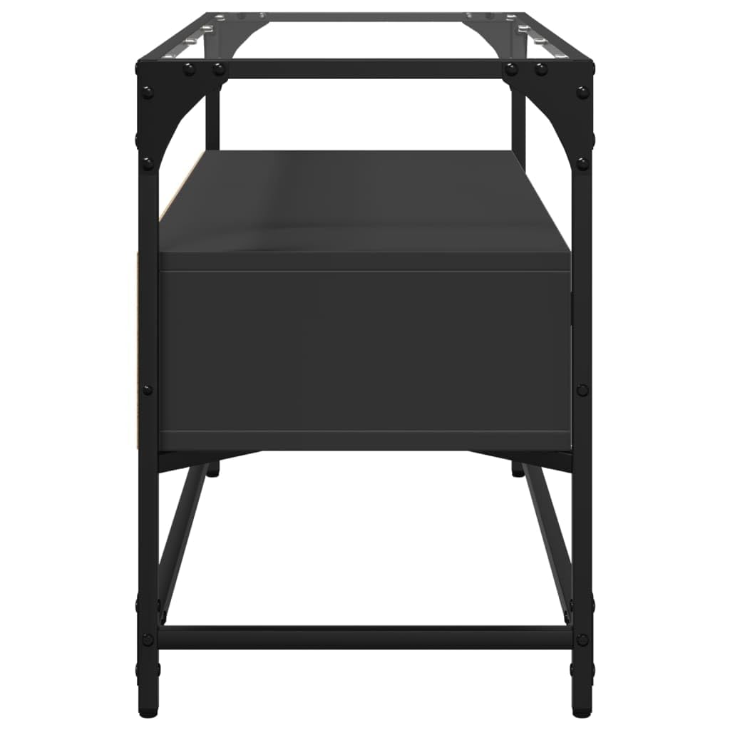 Meuble TV avec plateau en verre noir, 80 x 35 x 51 cm, meuble bas avec espace de rangement, tiroirs et cadre en métal, table TV pour salon, surface de rangement et passe-câbles