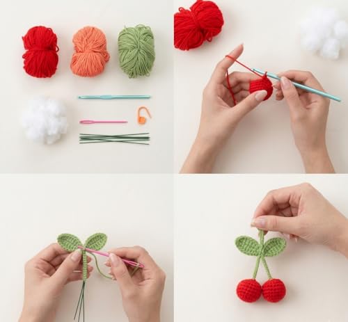 Image of Itsy Bitsy DIY Crochet Cherry Charms Kit Makes 4 | Beginner Friendly Crochet Craft Kit | Make Cute Cherry Keychain Bag Charms Zipper Pulls | Complete DIY Hobby Gift Box