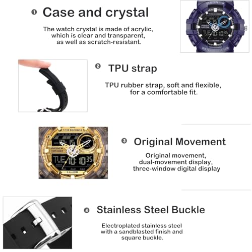 Image of PASNEW Boys' Watches - Dual Display, Large Dial Sport Watch, Black Outdoor Watch for Boys & Teens - Waterproof