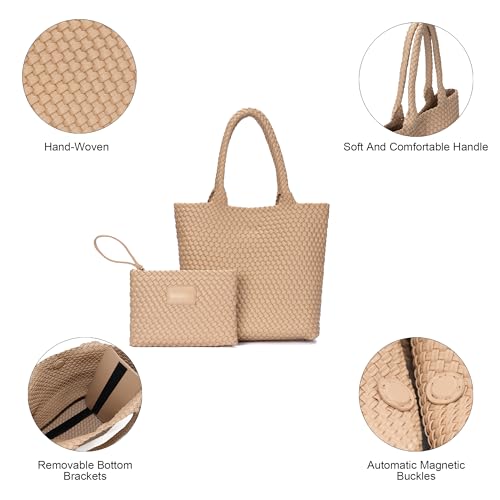Image of BAGOK Woven Tote Bag for Women, Handwoven Vegan Leather Shoulder Bag with Clutch, Large Tote for Work, Travel & Beach