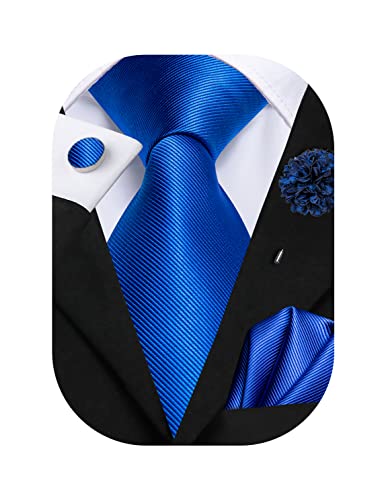 Hi-Tie Cravate et boutons de manchette carrés de poche en soie pour homme - Jacquard - Pour mariage et affaires formelles, bleu marine, M Cover