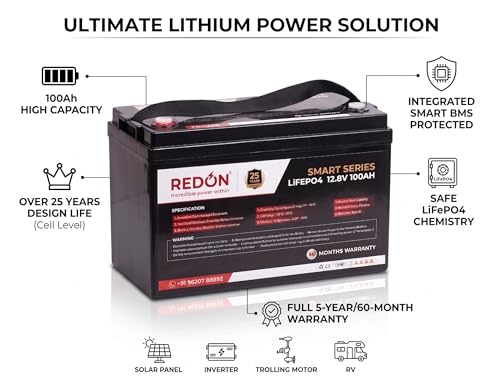 Image of REDON LiFePO4 Battery 12.8V /100Ah, 1280Wh with SCT SyncCharge Technology, BMS Protection, Back up More than 100AH Lead Acid Battery, 5-Year Warranty