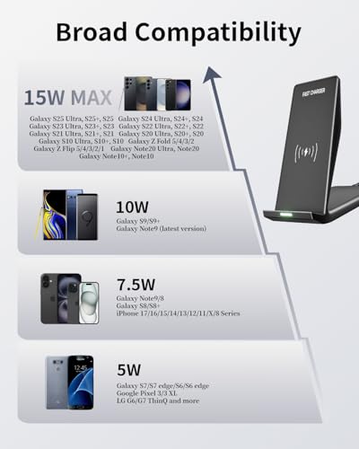 Image of Wireless Charger Stand for Samsung,15W Max Wireless Charging Stand Desk Charging Station Android Desk Charger for Samsung S26 /S25 Ultra /S24+ /S23 /S22 /S21 FE,iPhone Air /17e /17 Pro Max /16 Pro /15 /14 /13 /12