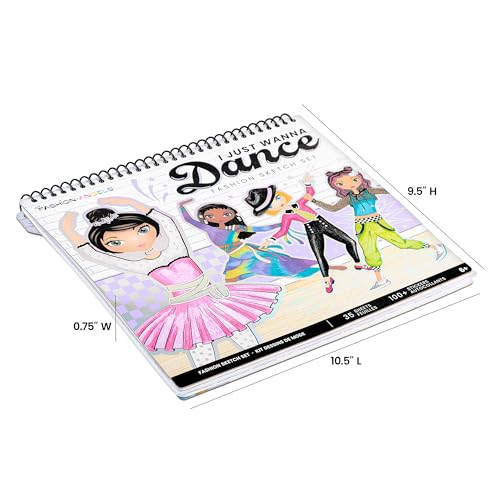 Image of Fashion Angels I Just Wanna Dance Fashion Sketch Set | Create Dance-Themed Outfits with 35 Sketch Pages, 100+ Stickers & Stencils, Fun Craft Kit for Kids