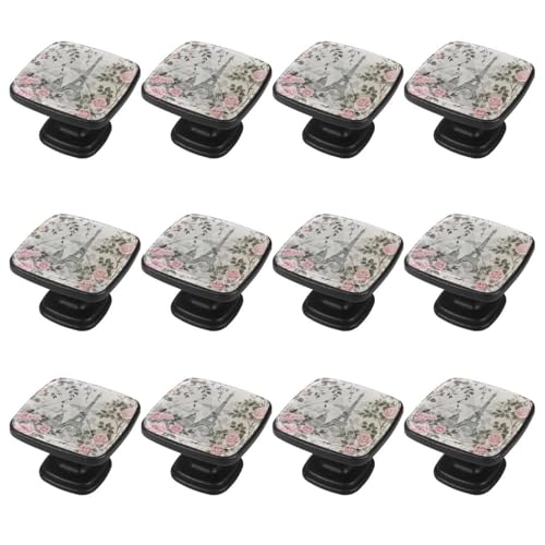 IROLSKDNFH 12 Pieces Beautiful Paris Eiffel Tower Pink Rose Glass Knobs for Dresser Drawers, 1.37 x 1.10 in Square Kitchen Cabinet Pulls for Home Office Nursery Kids Room
