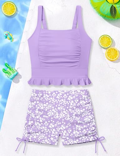 Image of Girls Swimsuit Two Piece Bathing Suit Ruffle Trim Swimsuits for Girls Tankini with Drawstring Shorts Swimwear 9-18Y